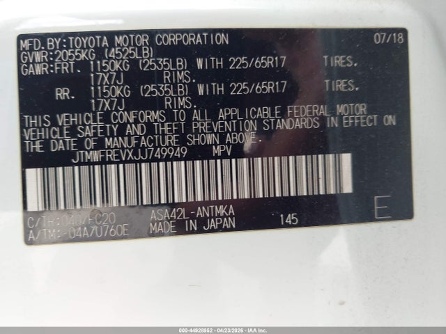 Продажа на аукционе авто 2018 Toyota Rav4 Xle, vin: JTMWFREVXJJ749949, номер лота: 44928952