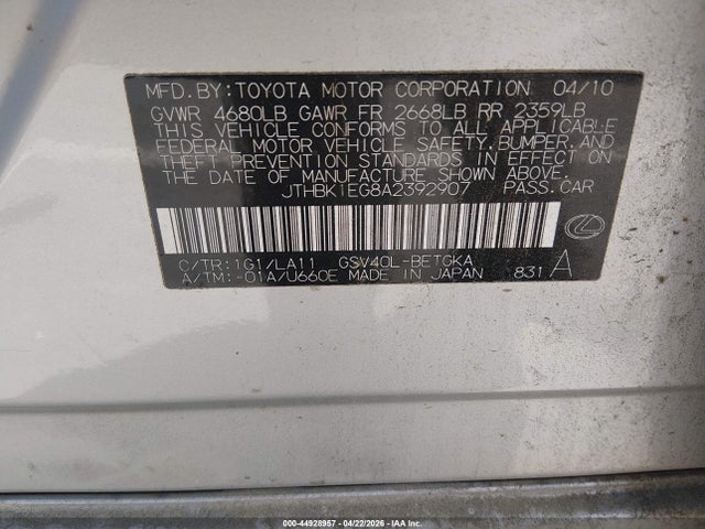 Aukcja sprzedaży 2010 Lexus Es 350, vin: JTHBK1EG8A2392907, numer aukcji: 44928957