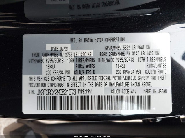 Aukcja sprzedaży 2021 Mazda Cx-9 Touring, vin: JM3TCBCY2M0521073, numer aukcji: 44928965