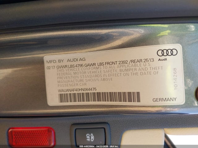 Aukcja sprzedaży 2017 Audi A4 2.0t Premium, vin: WAUANAF40HN064475, numer aukcji: 44928984