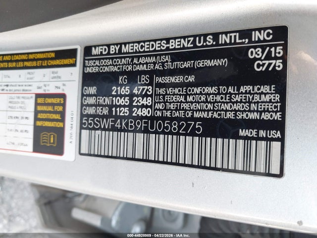 Aukcja sprzedaży 2015 Mercedes-benz C 300 Sport 4matic, vin: 55SWF4KB9FU058275, numer aukcji: 44928989