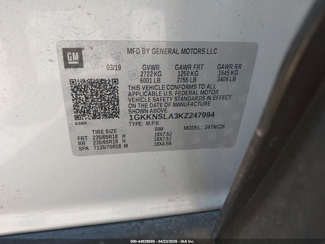 44929000 :رقم المزاد ، 1GKKNSLA3KZ247994 vin ، 2019 Gmc Acadia Sle-2 مزاد بيع