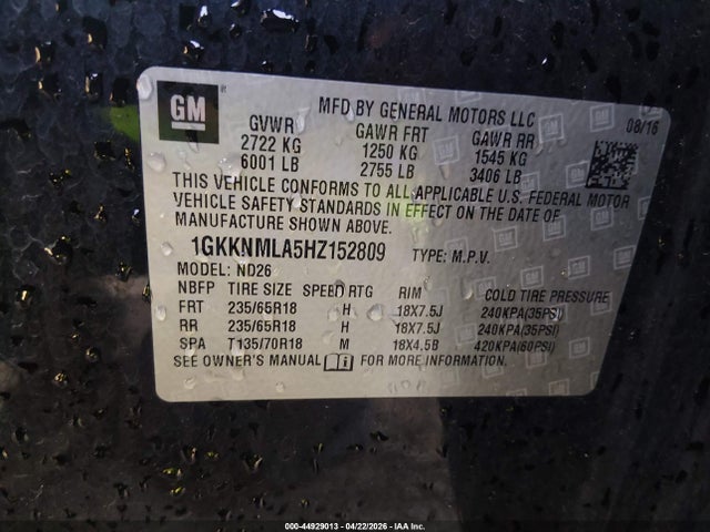 Aukcja sprzedaży 2017 Gmc Acadia Slt-1, vin: 1GKKNMLA5HZ152809, numer aukcji: 44929013