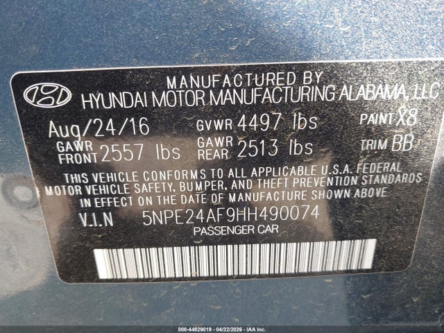 Aukcja sprzedaży 2017 Hyundai Sonata Se, vin: 5NPE24AF9HH490074, numer aukcji: 44929019