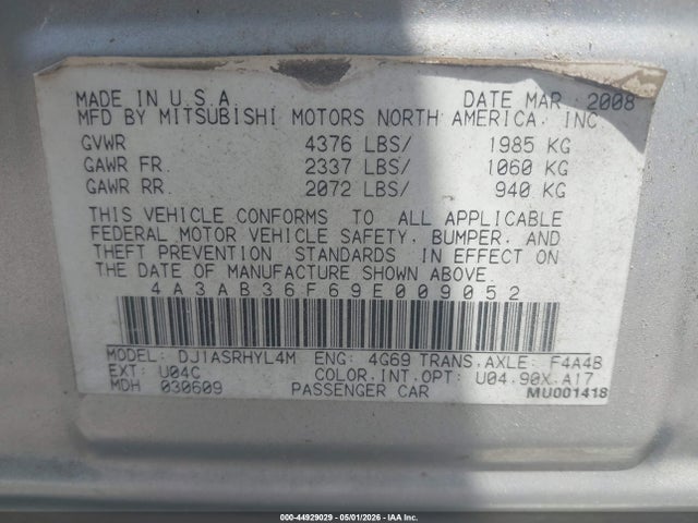 Aukcja sprzedaży 2009 Mitsubishi Galant Es/sport Edition, vin: 4A3AB36F69E009052, numer aukcji: 44929029