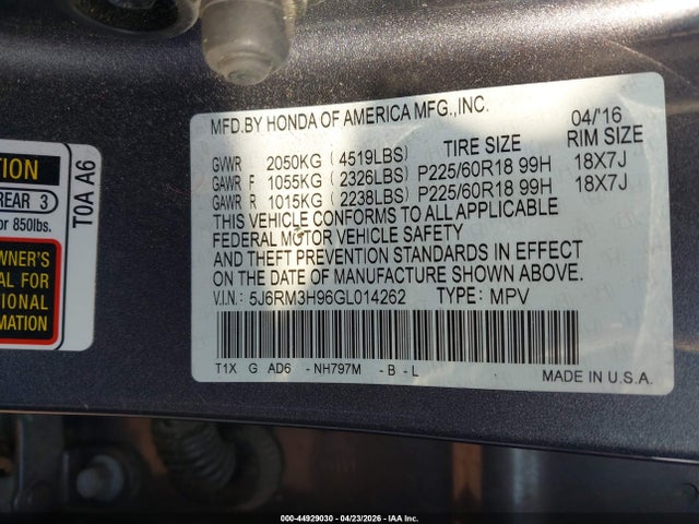Honda Cr-v Touring 2016 5J6RM3H96GL014262 Image 9