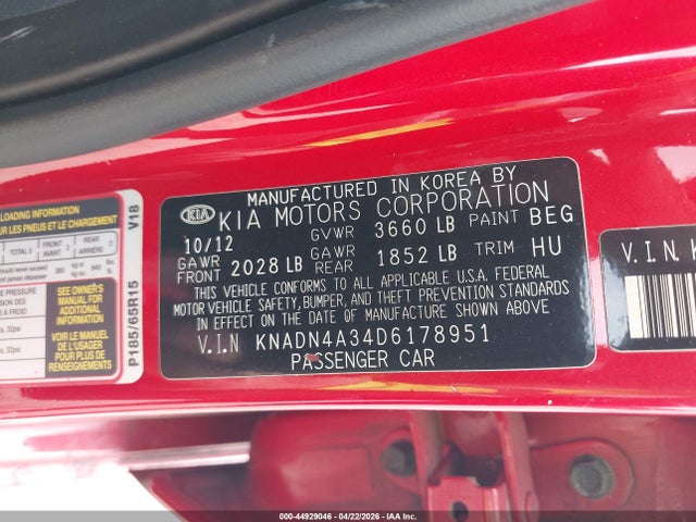 44929046 :رقم المزاد ، KNADN4A34D6178951 vin ، 2013 Kia Rio Ex مزاد بيع