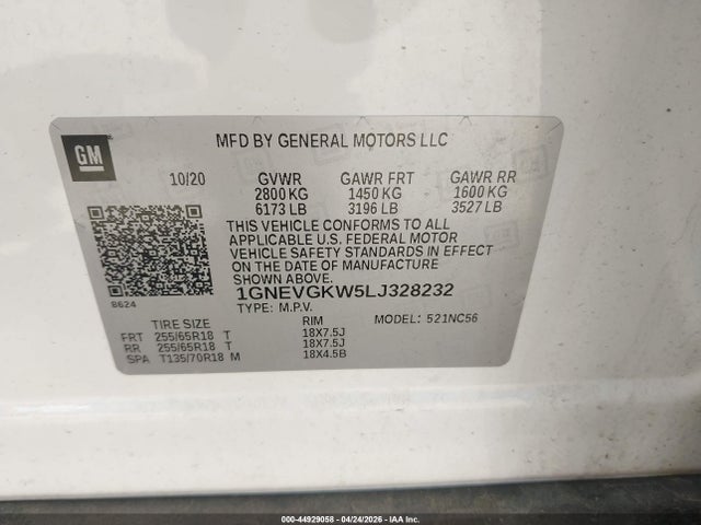 Продажа на аукционе авто 2020 Chevrolet Traverse Awd Lt Cloth, vin: 1GNEVGKW5LJ328232, номер лота: 44929058