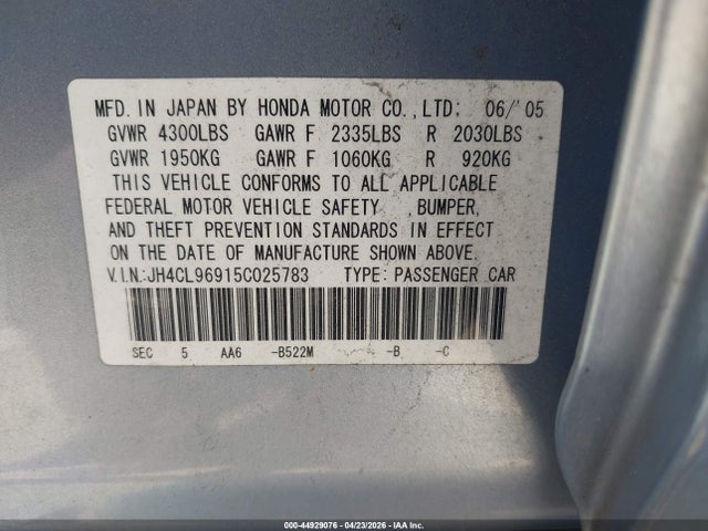 44929076 :رقم المزاد ، JH4CL96915C025783 vin ، 2005 Acura Tsx مزاد بيع