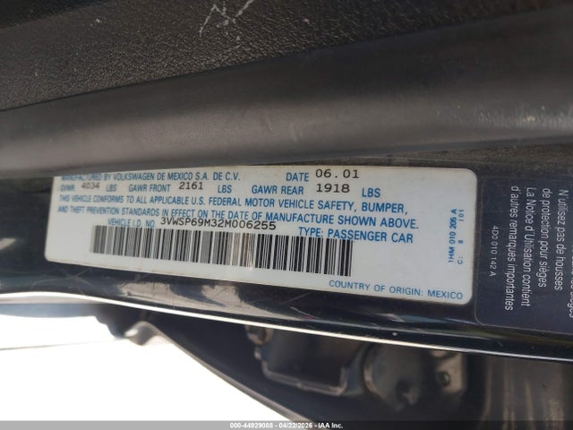 2002 Volkswagen Jetta Gls Tdi მანქანა იყიდება აუქციონზე, vin: 3VWSP69M32M006255, აუქციონის ნომერი: 44929088