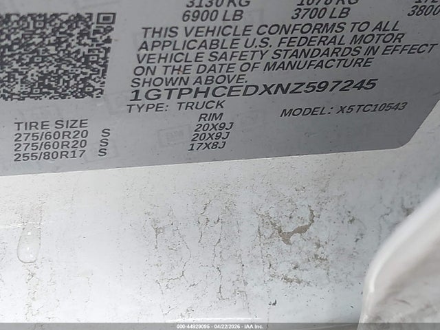 44929095 :رقم المزاد ، 1GTPHCEDXNZ597245 vin ، 2022 Gmc Sierra 1500 2wd  Short Box Elevation مزاد بيع