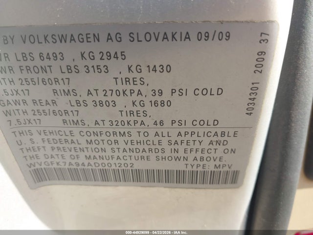 Aukcja sprzedaży 2010 Volkswagen Touareg V6 Tdi, vin: WVGFK7A94AD001202, numer aukcji: 44929099