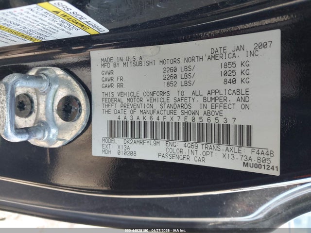 Aukcja sprzedaży 2007 Mitsubishi Eclipse Se, vin: 4A3AK64FX7E056537, numer aukcji: 44929150