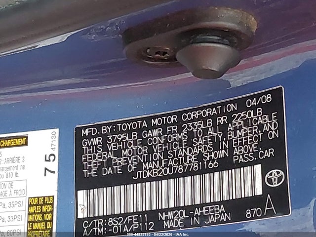 Aukcja sprzedaży 2008 Toyota Prius, vin: JTDKB20U787781166, numer aukcji: 44929153