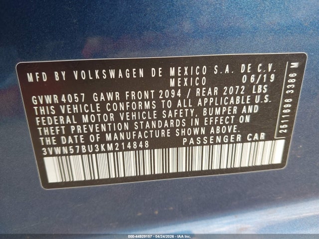 Продажа на аукционе авто 2019 Volkswagen Jetta 1.4t S, vin: 3VWN57BU3KM214848, номер лота: 44929157