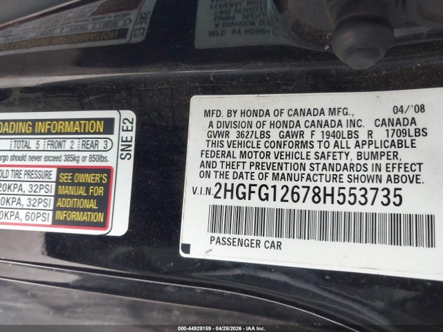 44929159 :رقم المزاد ، 2HGFG12678H553735 vin ، 2008 Honda Civic Lx مزاد بيع