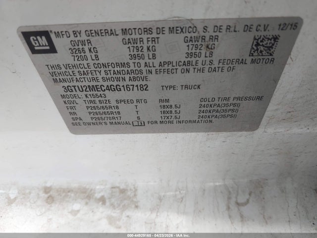 Продажа на аукционе авто 2016 Gmc Sierra 1500 Sle, vin: 3GTU2MEC4GG167182, номер лота: 44929165