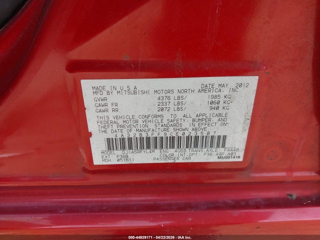 44929171 :رقم المزاد ، 4A32B3FF9CE023507 vin ، 2012 Mitsubishi Galant Es/se مزاد بيع