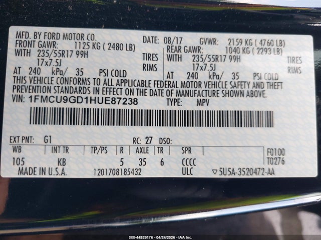 Aukcja sprzedaży 2017 Ford Escape Se, vin: 1FMCU9GD1HUE87238, numer aukcji: 44929176