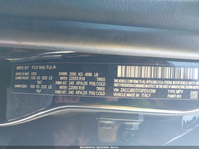 Aukcja sprzedaży 2016 Jeep Renegade Limited, vin: ZACCJBDT7GPD31298, numer aukcji: 44929182