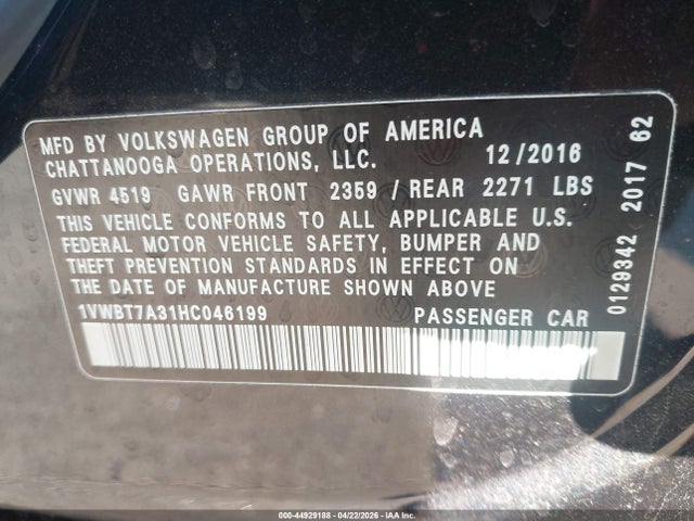 44929188 :رقم المزاد ، 1VWBT7A31HC046199 vin ، 2017 Volkswagen Passat 1.8t Se مزاد بيع