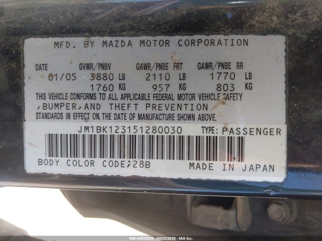 Auction sale of the 2005 Mazda Mazda3 Sp23, vin: JM1BK123151280030, lot number: 44929206