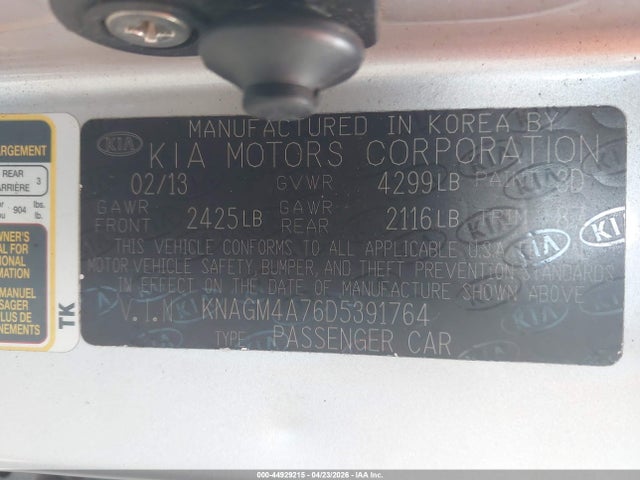 Auction sale of the 2013 Kia Optima Lx, vin: KNAGM4A76D5391764, lot number: 44929215