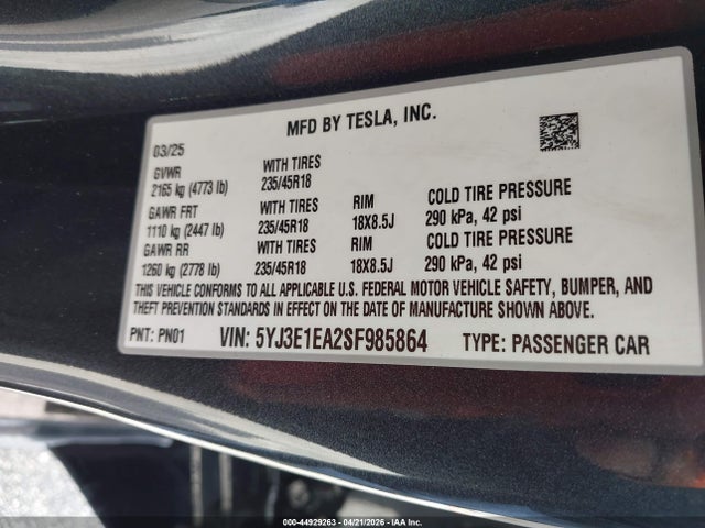 Aukcja sprzedaży 2025 Tesla Model 3 Long Range Rear-wheel Drive/standard Rear-wheel Drive, vin: 5YJ3E1EA2SF985864, numer aukcji: 44929263