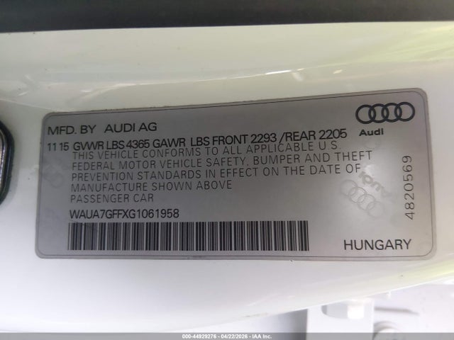 Aukcja sprzedaży 2016 Audi A3 1.8t Premium, vin: WAUA7GFFXG1061958, numer aukcji: 44929276