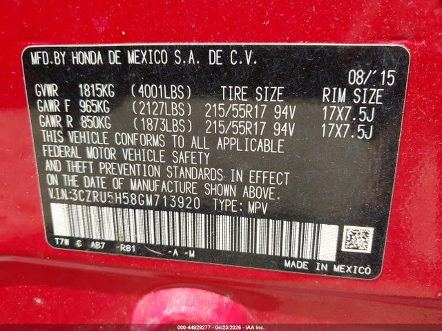 44929277 :رقم المزاد ، 3CZRU5H58GM713920 vin ، 2016 Honda Hr-v Ex مزاد بيع