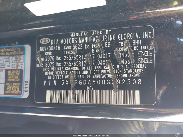 Aukcja sprzedaży 2017 Kia Sorento 3.3l Lx, vin: 5XYPGDA50HG292508, numer aukcji: 44929286