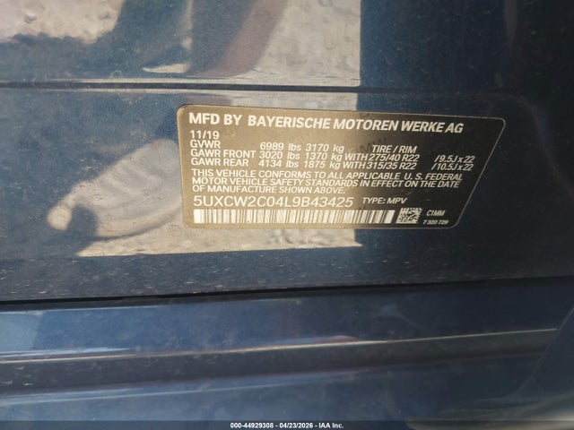 44929308 :رقم المزاد ، 5UXCW2C04L9B43425 vin ، 2020 Bmw X7 Xdrive40i مزاد بيع