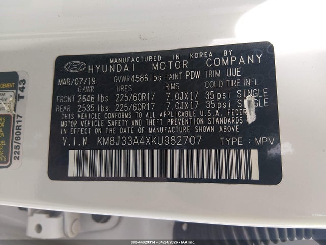 Aukcja sprzedaży 2019 Hyundai Tucson Value, vin: KM8J33A4XKU982707, numer aukcji: 44929314
