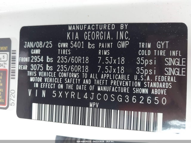 44929315 :رقم المزاد ، 5XYRL4JC0SG362650 vin ، 2025 Kia Sorento S مزاد بيع