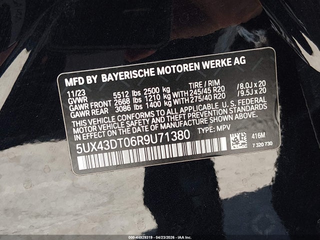 44929319 :رقم المزاد ، 5UX43DT06R9U71380 vin ، 2024 Bmw X4 M40i مزاد بيع