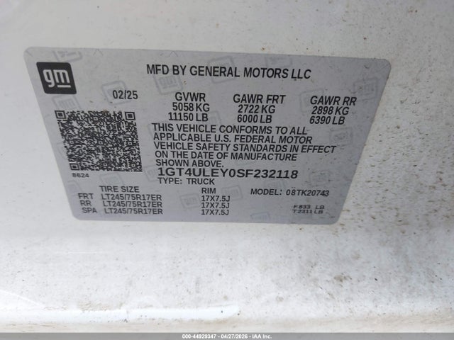Продажа на аукционе авто 2025 Gmc Sierra 2500hd 4wd  Standard Bed Pro, vin: 1GT4ULEY0SF232118, номер лота: 44929347