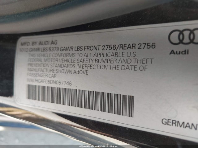 2013 Audi A6 3.0t Premium მანქანა იყიდება აუქციონზე, vin: WAUHGAFC6DN067746, აუქციონის ნომერი: 44929354
