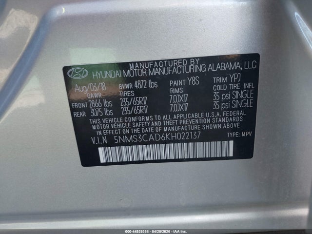 Продаж на аукціоні авто 2019 Hyundai Santa Fe Sel, vin: 5NMS3CAD6KH022137, номер лоту: 44929358