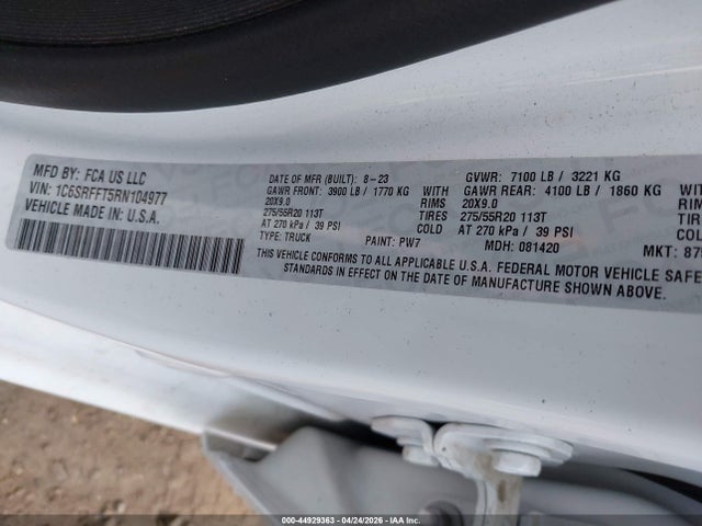 Продаж на аукціоні авто 2024 Ram 1500 Big Horn  4x4 5'7 Box, vin: 1C6SRFFT5RN104977, номер лоту: 44929363
