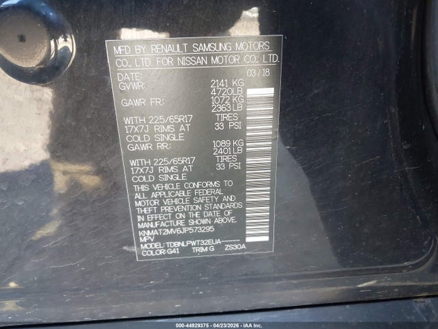 44929375 :رقم المزاد ، KNMAT2MV6JP573295 vin ، 2018 Nissan Rogue S مزاد بيع