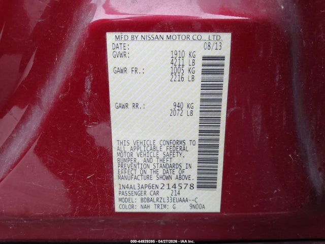Продажа на аукционе авто 2014 Nissan Altima 2.5 S, vin: 1N4AL3AP6EN214578, номер лота: 44929395