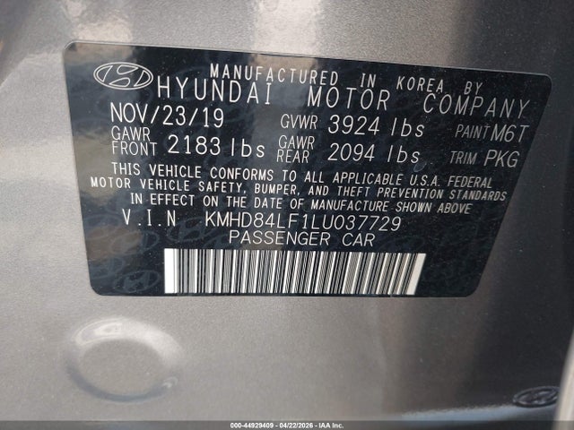 Продаж на аукціоні авто 2020 Hyundai Elantra Value Edition, vin: KMHD84LF1LU037729, номер лоту: 44929409