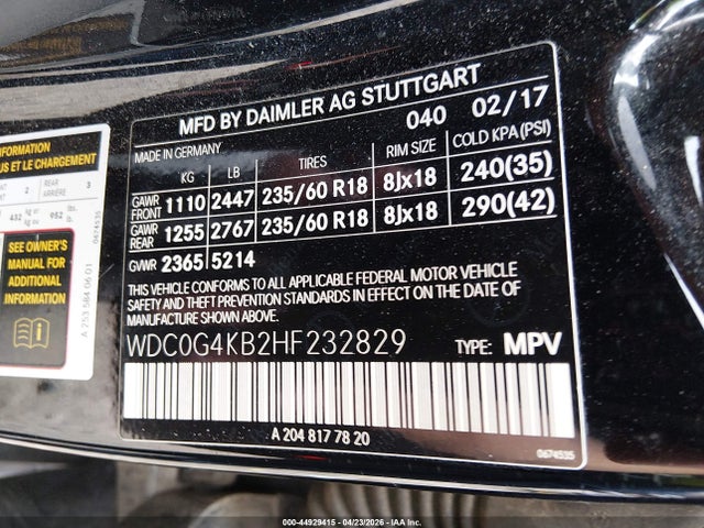44929415 :رقم المزاد ، WDC0G4KB2HF232829 vin ، 2017 Mercedes-benz Glc 300 4matic مزاد بيع