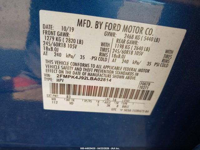 Ford EDGE SEL 2020 2FMPK4J92LBA02814 Image 9