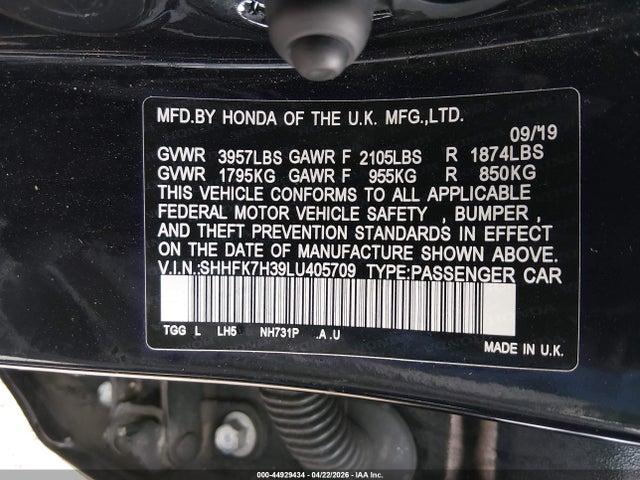 Honda Civic Lx 2020 SHHFK7H39LU405709 Image 9