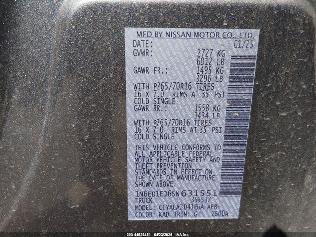 Aukcja sprzedaży 2025 Nissan Frontier S 4x2, vin: 1N6ED1EJ6SN631551, numer aukcji: 44929451