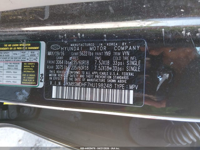 2017 Hyundai Santa Fe Se მანქანა იყიდება აუქციონზე, vin: KM8SMDHF7HU198248, აუქციონის ნომერი: 44929476