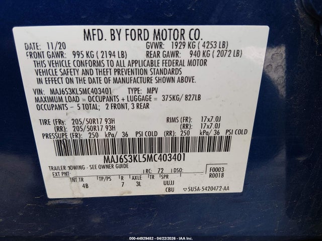 44929482 :رقم المزاد ، MAJ6S3KL5MC403401 vin ، 2021 Ford Ecosport Titanium مزاد بيع