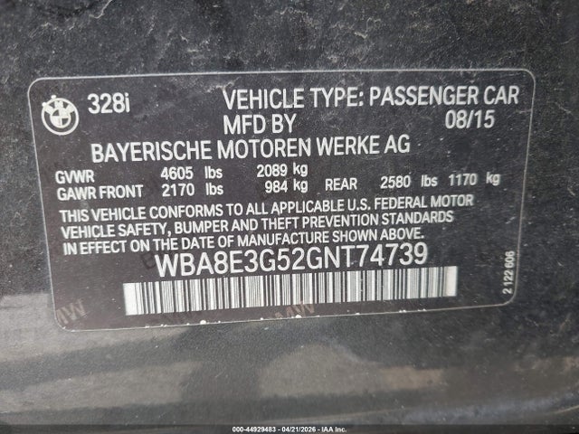 Продаж на аукціоні авто 2016 Bmw 328i Xdrive, vin: WBA8E3G52GNT74739, номер лоту: 44929483