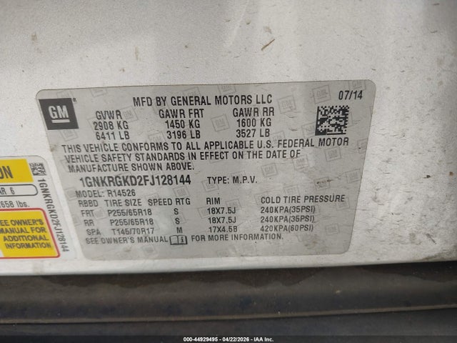 Chevrolet Traverse 1lt 2015 1GNKRGKD2FJ128144 Image 9